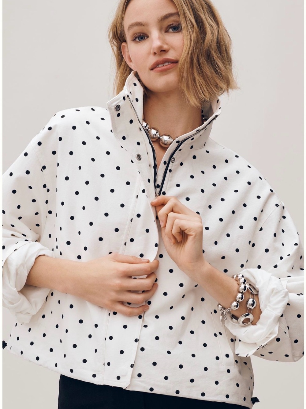 NWT RAISONNEL Cotton Polka Dot Bomber Jacket Size L